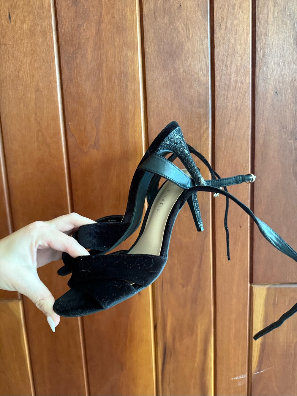 Kelly & Katie Black Velvet Open-Toe Ankle-Tie Heels with Glitter Heel